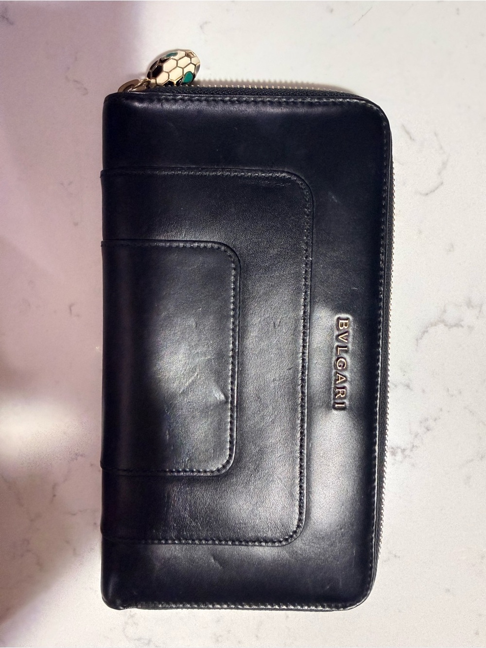 Bulgari Black Leather Zip Wallet with Serpenti Head Zip Pull